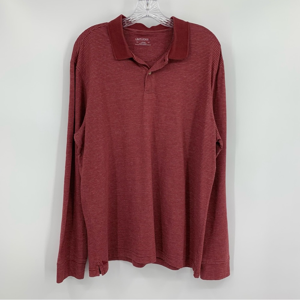 UNTUCKit Polo Shirt Striped Long Sleeves Brick Red Size L